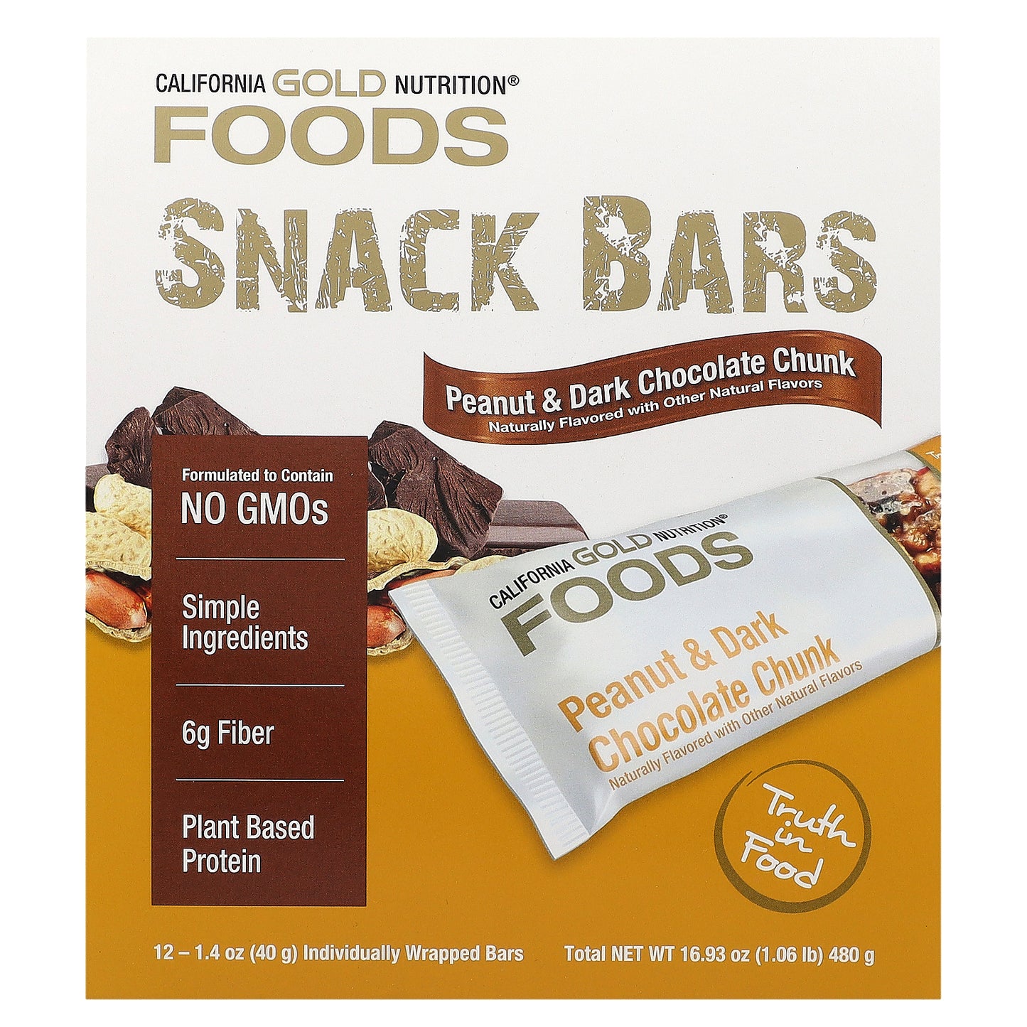 California Gold Nutrition, Foods, Peanut & Dark Chocolate Chunk Bars, 12 Bars, 1.4 oz (40 g) Each