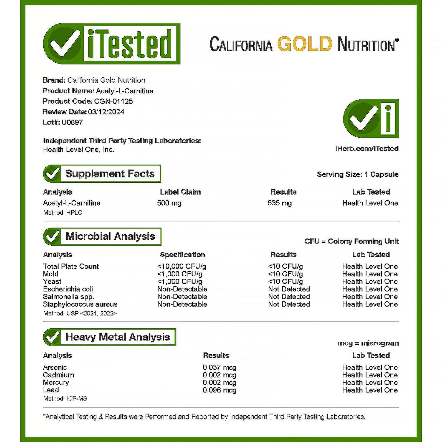 California Gold Nutrition, Acetyl-L-Carnitine, 500 mg, 60 Veggie Caps