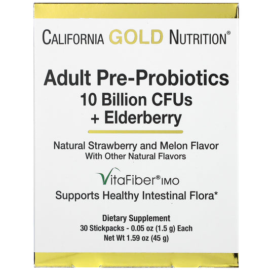 California Gold Nutrition, Adult Pre-Probiotics, 10 Billion CFU + Elderberry, Natural Strawberry & Melon, 30 Packets, 0.05 oz (1.5 g) Each