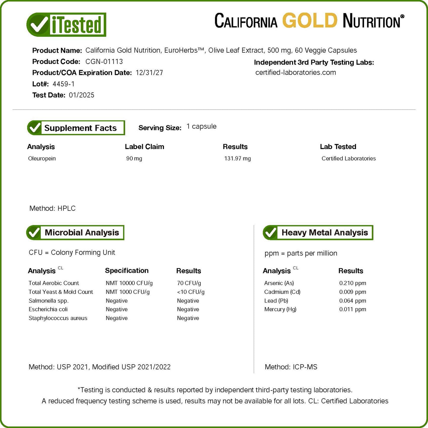 California Gold Nutrition, EuroHerbs™, Olive Leaf Extract, Euromed Quality, 500 mg, 60 Veggie Capsules