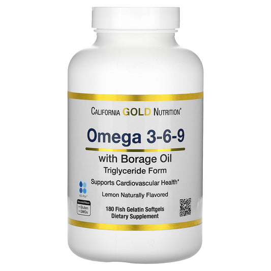 California Gold Nutrition, Omega 3-6-9 Fish Oil with Borage Oil, Norwegian Triglyceride, Natural Lemon, 180 Softgels