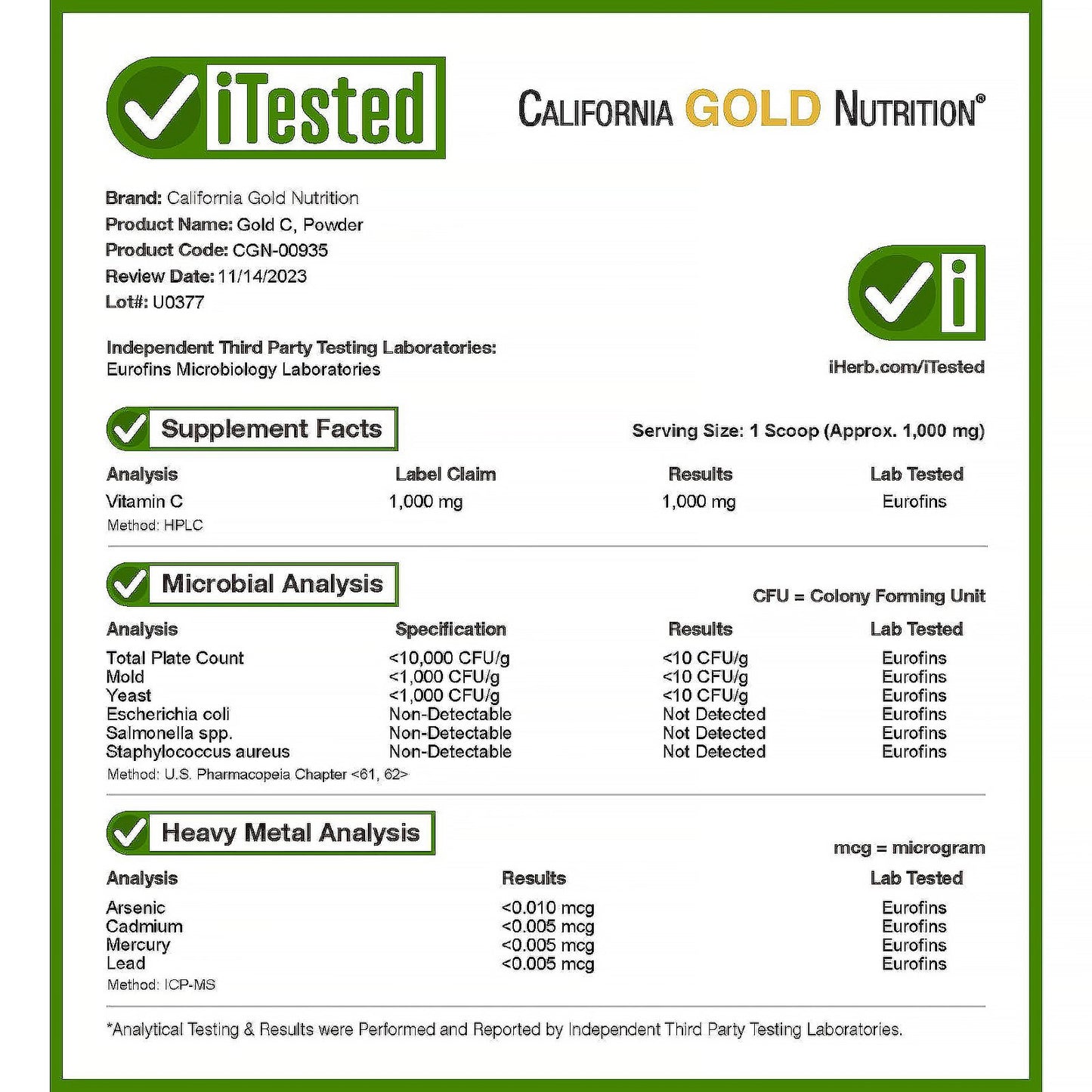 California Gold Nutrition, Gold C Powder, Vitamin C, 1,000 mg, 8.81 oz (250 g)