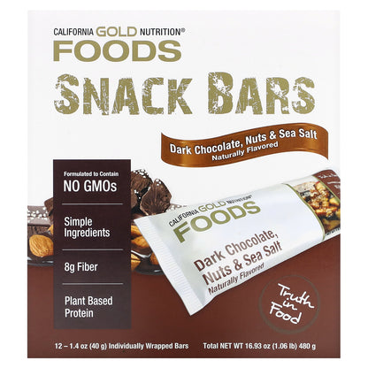 California Gold Nutrition, Foods, Dark Chocolate, Nuts, & Sea Salt Bar Gold Bar, 12 Bars, 1.4 oz (40 g) Each