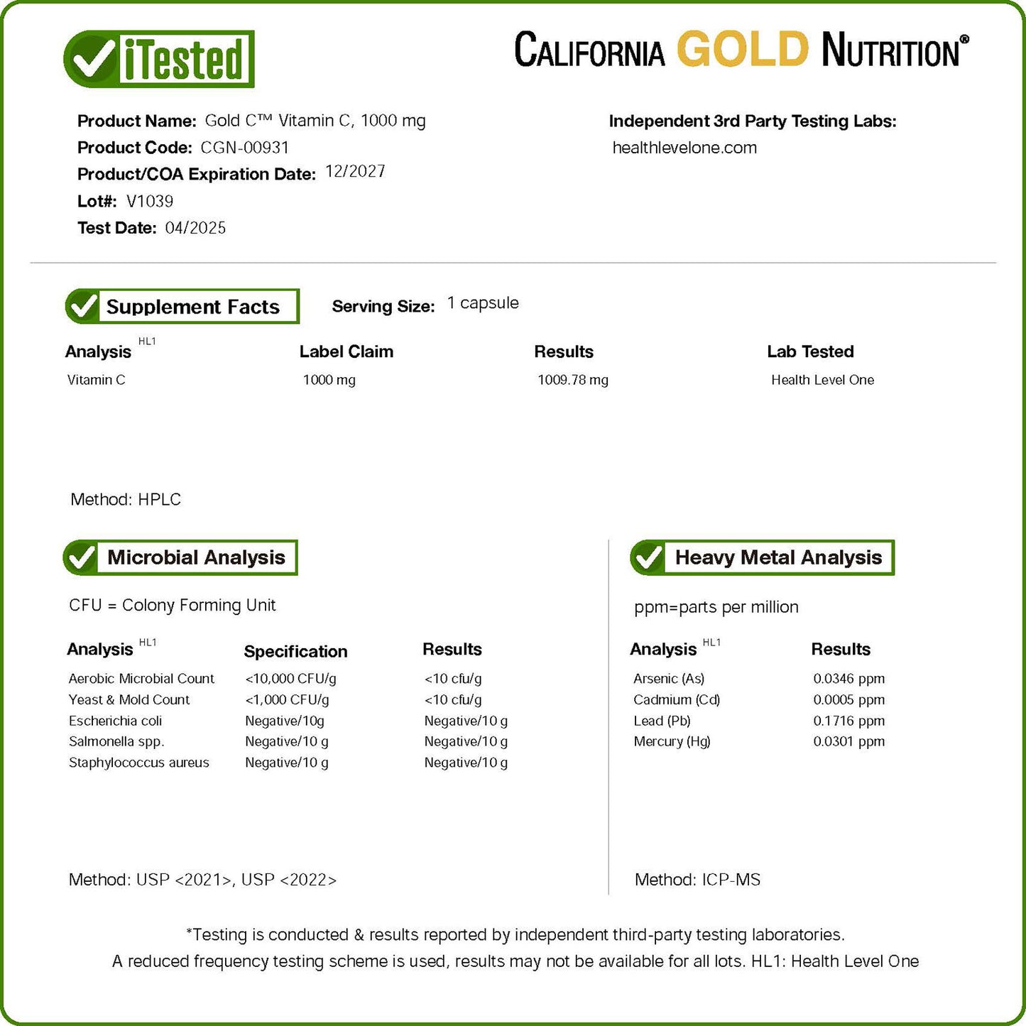 California Gold Nutrition, Gold C®, USP Grade Vitamin C, 1,000 mg, 60 Veggie Capsules