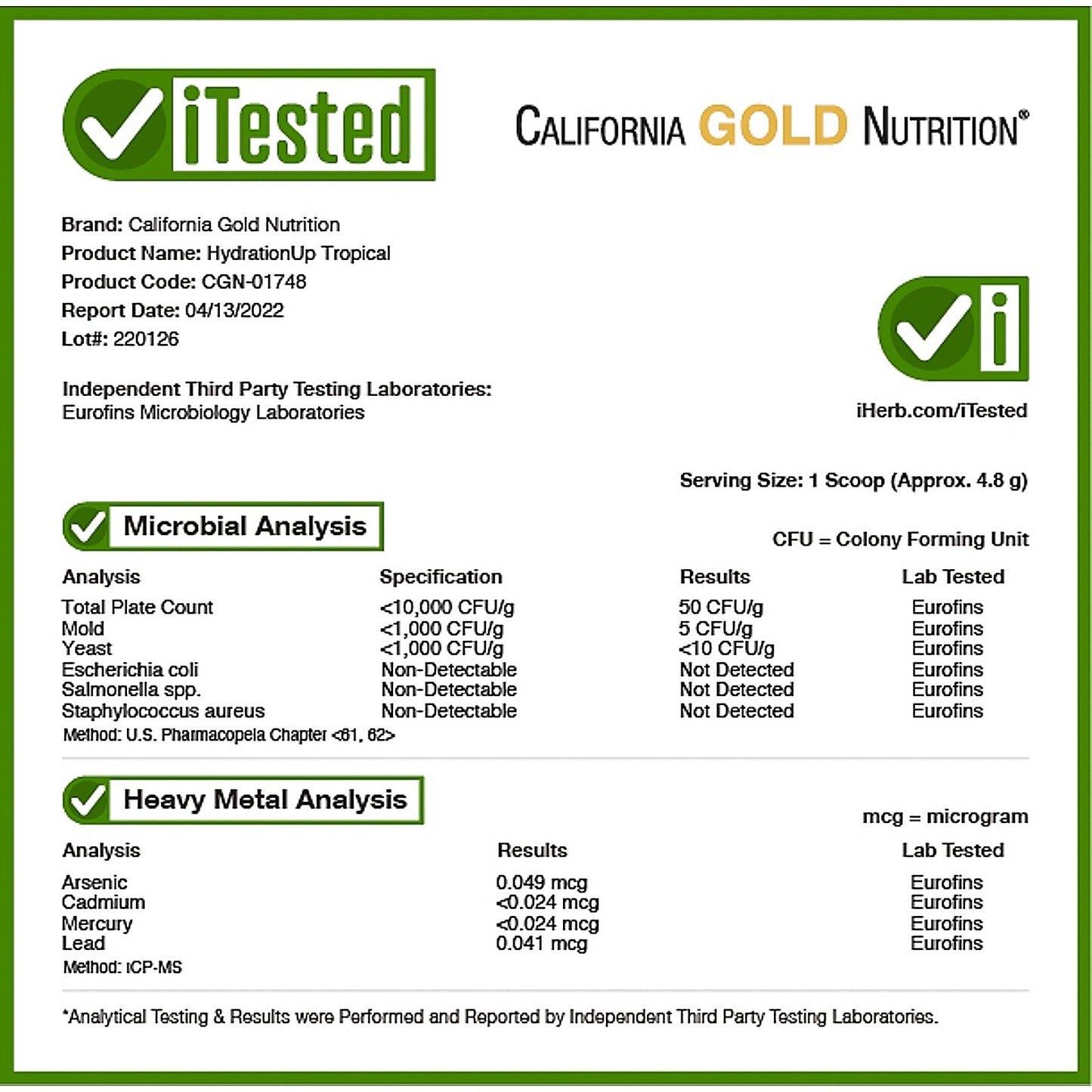 California Gold Nutrition, Beverages, HydrationUP®, Electrolyte Drink Mix with Calcium, Potassium, Vitamin C, and Vitamin E, Tropical, 8 oz (227 g)