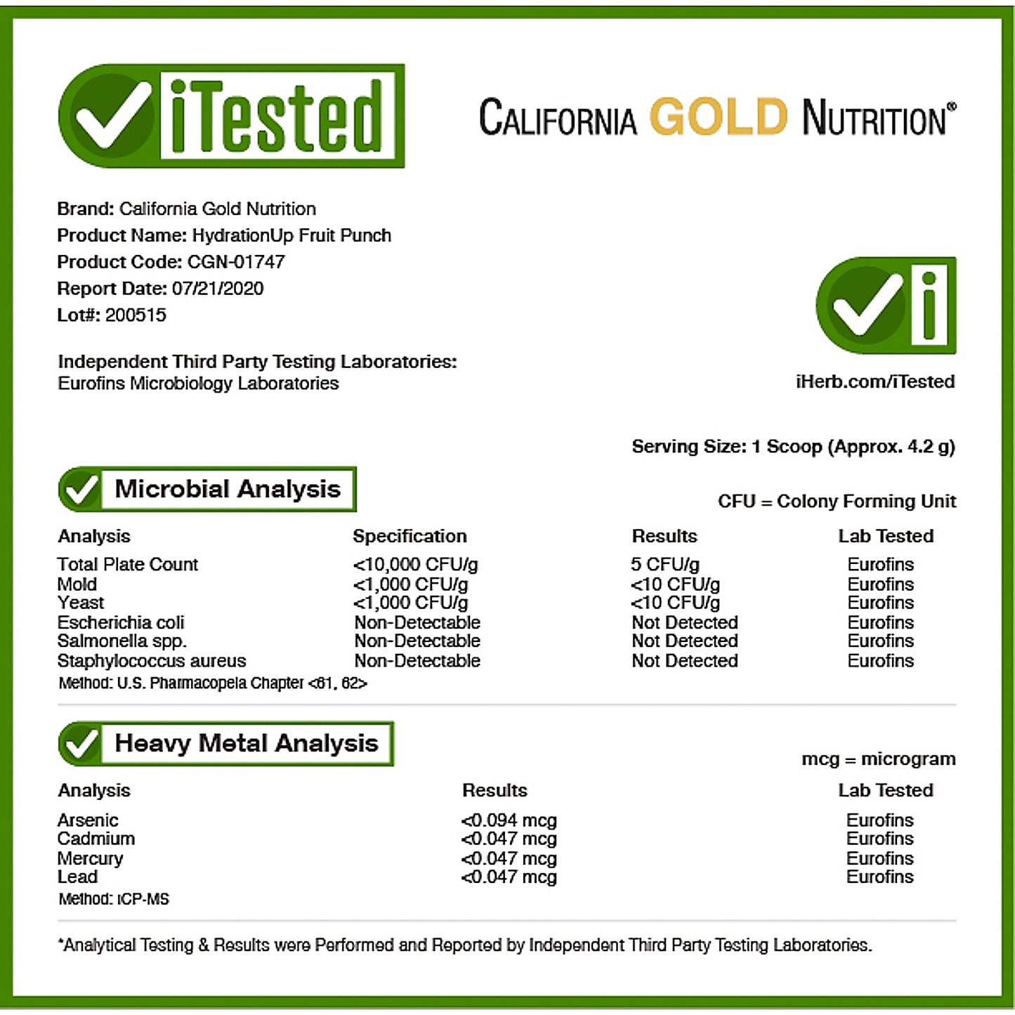 California Gold Nutrition, Beverages, HydrationUP®, Electrolyte Drink Mix with Calcium, Potassium, Vitamin C, and Vitamin E, Fruit Punch, 8 oz (227 g)