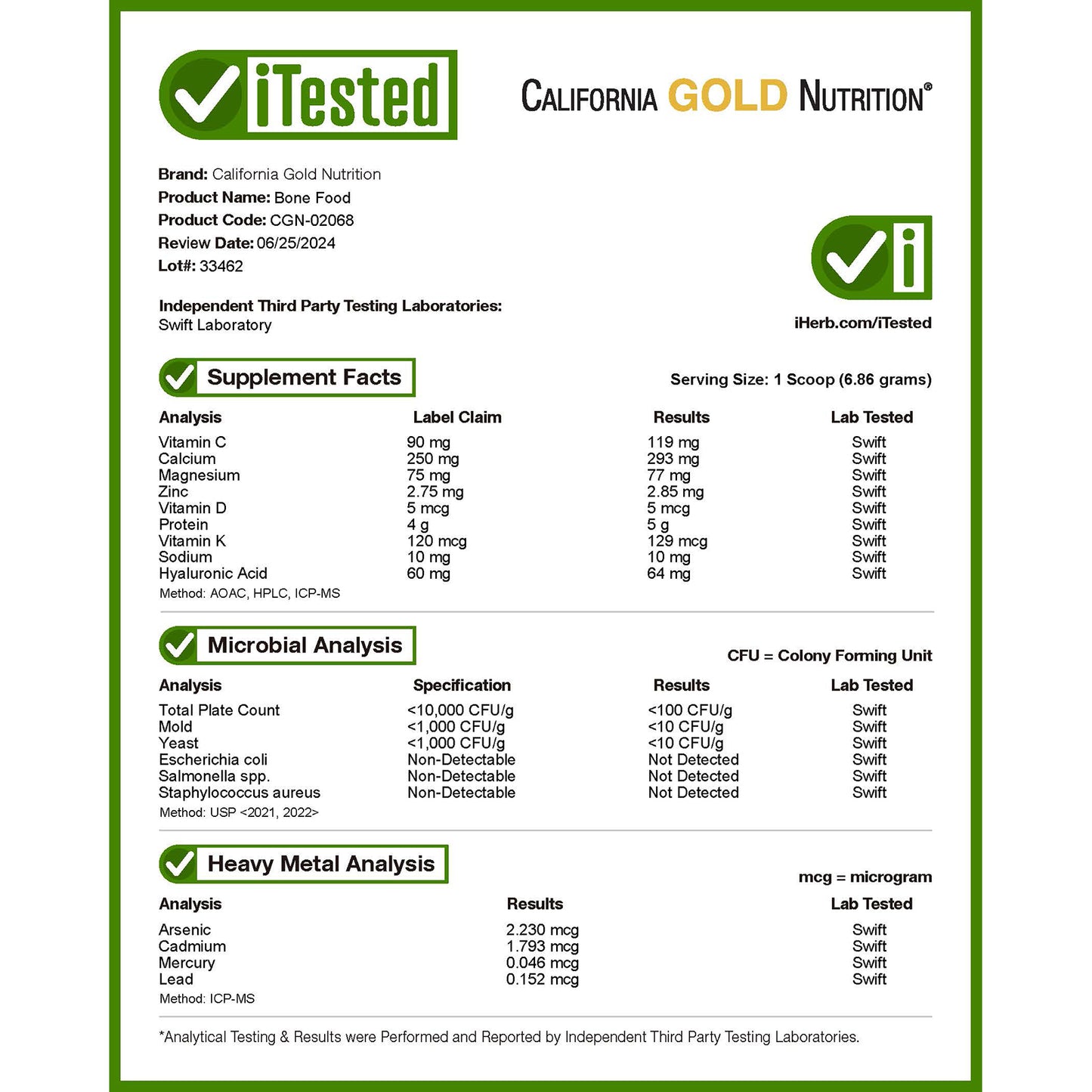 California Gold Nutrition, Bone Food with Collagen Peptides, Hyaluronic Acid, plus Vitamins & Minerals, Unflavored , 14.5 oz (411 g)