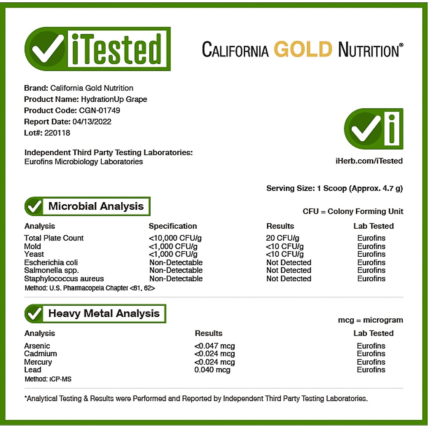 California Gold Nutrition, HydrationUP®, Electrolyte Drink Mix with Calcium, Potassium, Vitamin C, and Vitamin E, Grape, 8 oz (227 g)