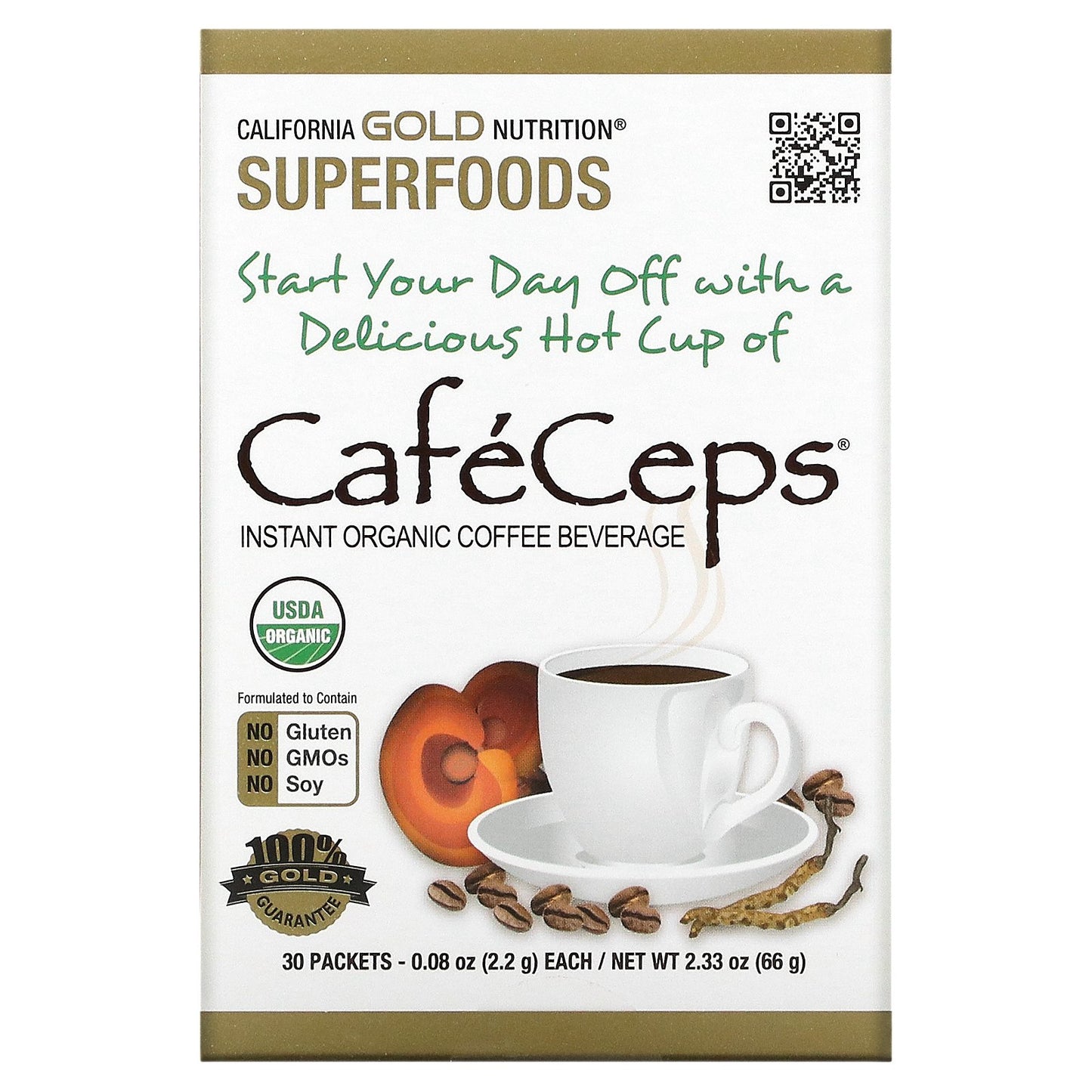 California Gold Nutrition, CafeCeps, Certified Organic Instant Coffee with Cordyceps and Reishi Mushroom Powder, 30 Packets, 0.08 oz (2.2 g) Each