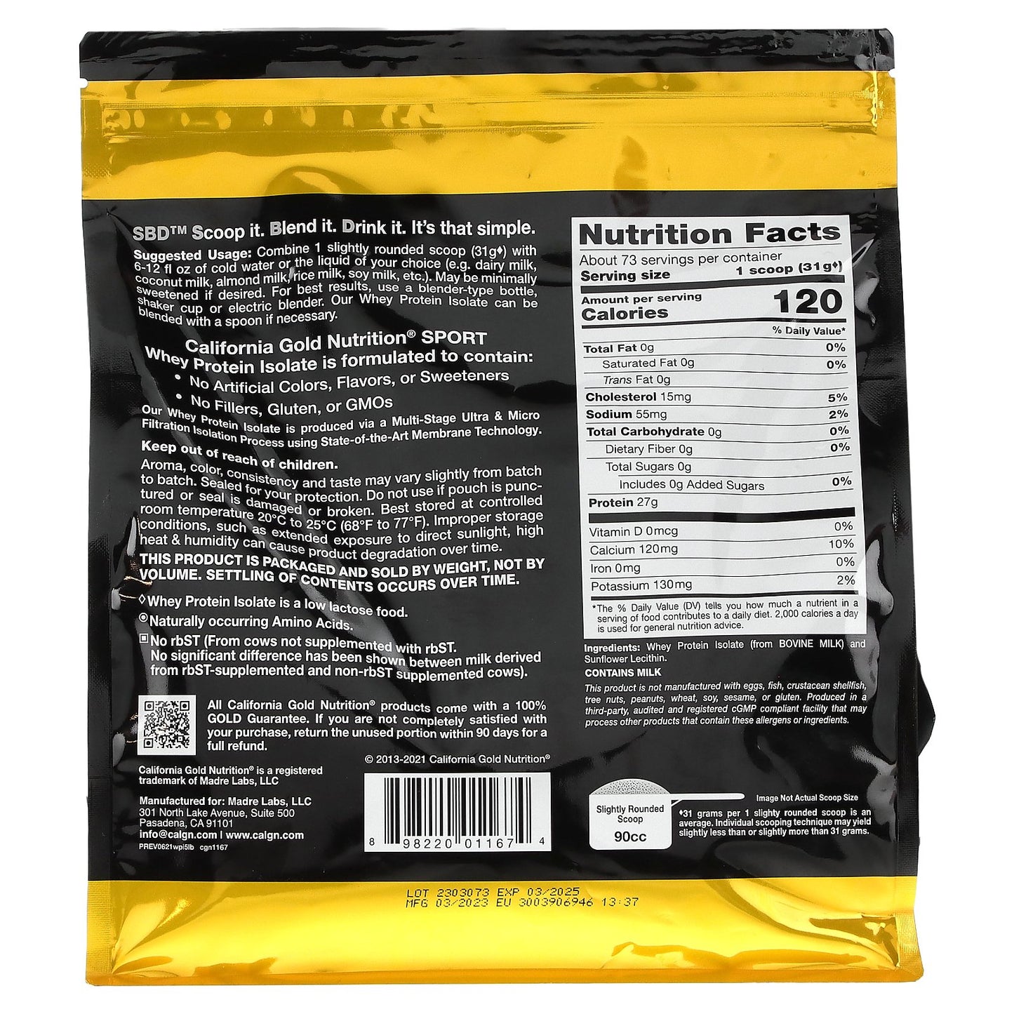 California Gold Nutrition, Sport, Whey Protein Isolate, Unflavored, 5 lb (2.27 kg)
