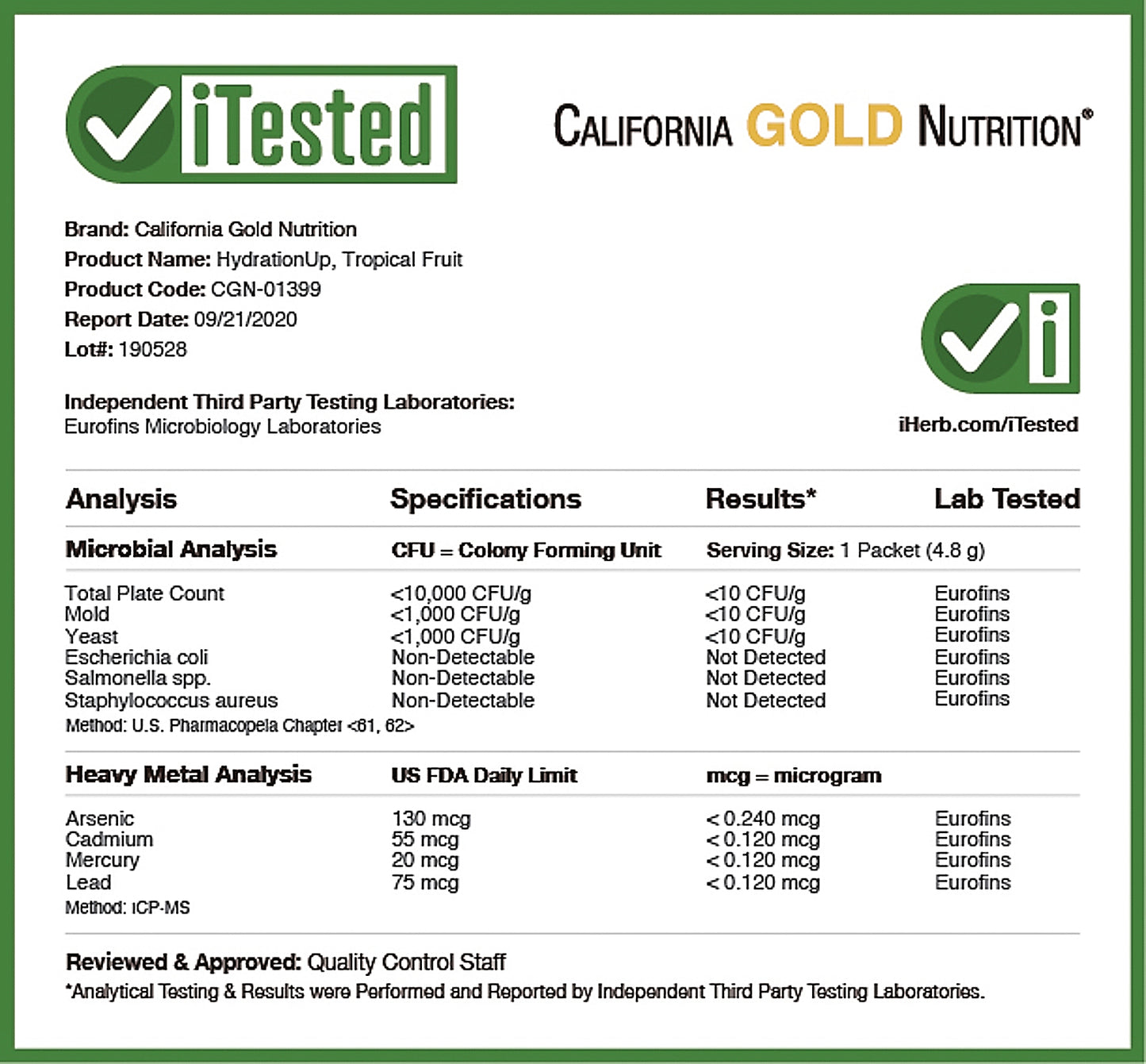 California Gold Nutrition, HydrationUP, Electrolyte Drink Mix, Tropical Fruit, 20 Packets, 0.17 oz (4.8 g) Each