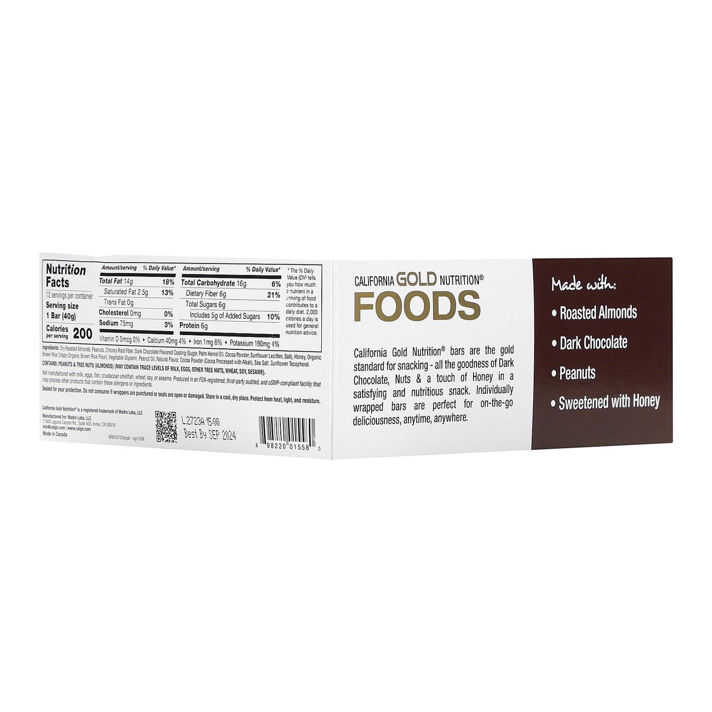 California Gold Nutrition, Foods, Double Chocolate Peanut Butter Flavor Bars, 12 Bars, 1.4 oz (40 g) Each