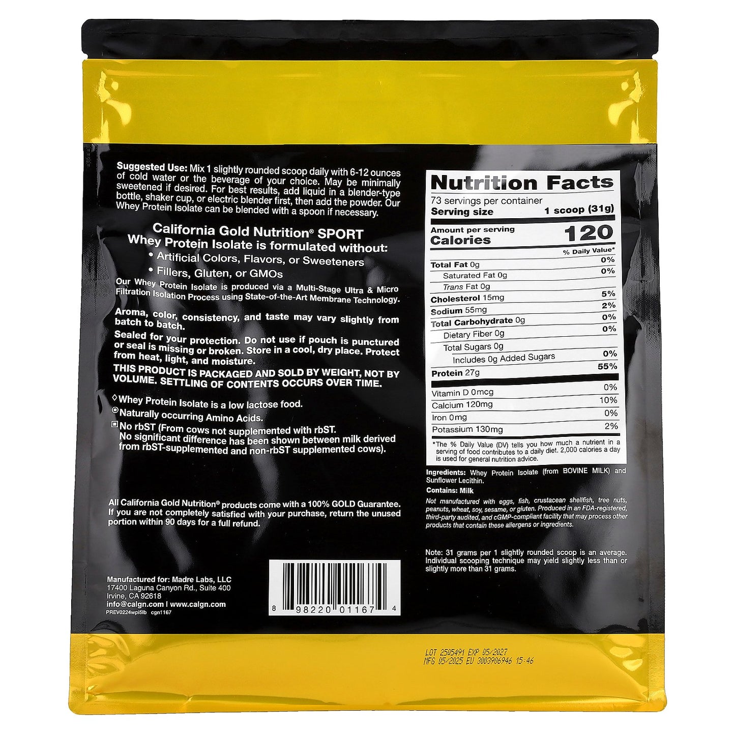 California Gold Nutrition, Sport, Whey Protein Isolate, Unflavored, 5 lb (2.27 kg)