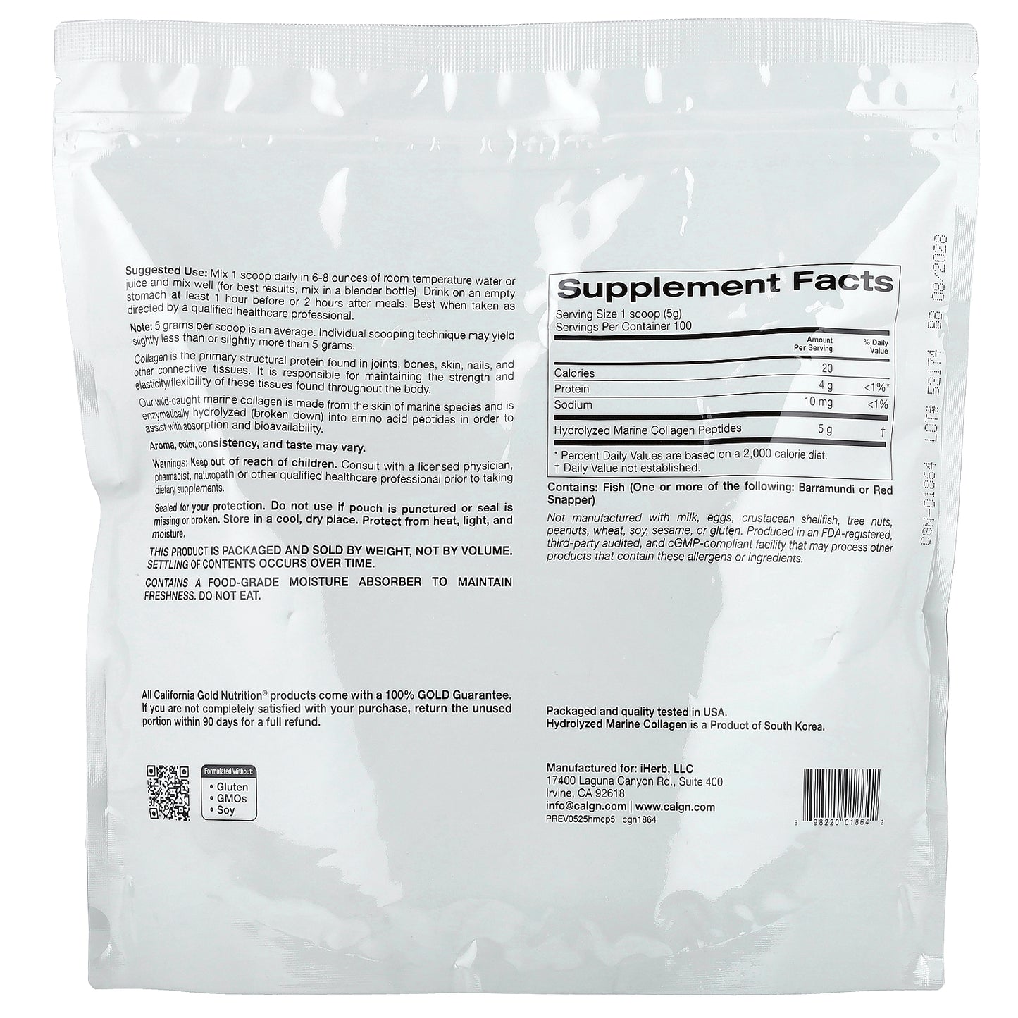 California Gold Nutrition, Hydrolyzed Marine Collagen Peptides, Unflavored, 1.1 lb (500 g)