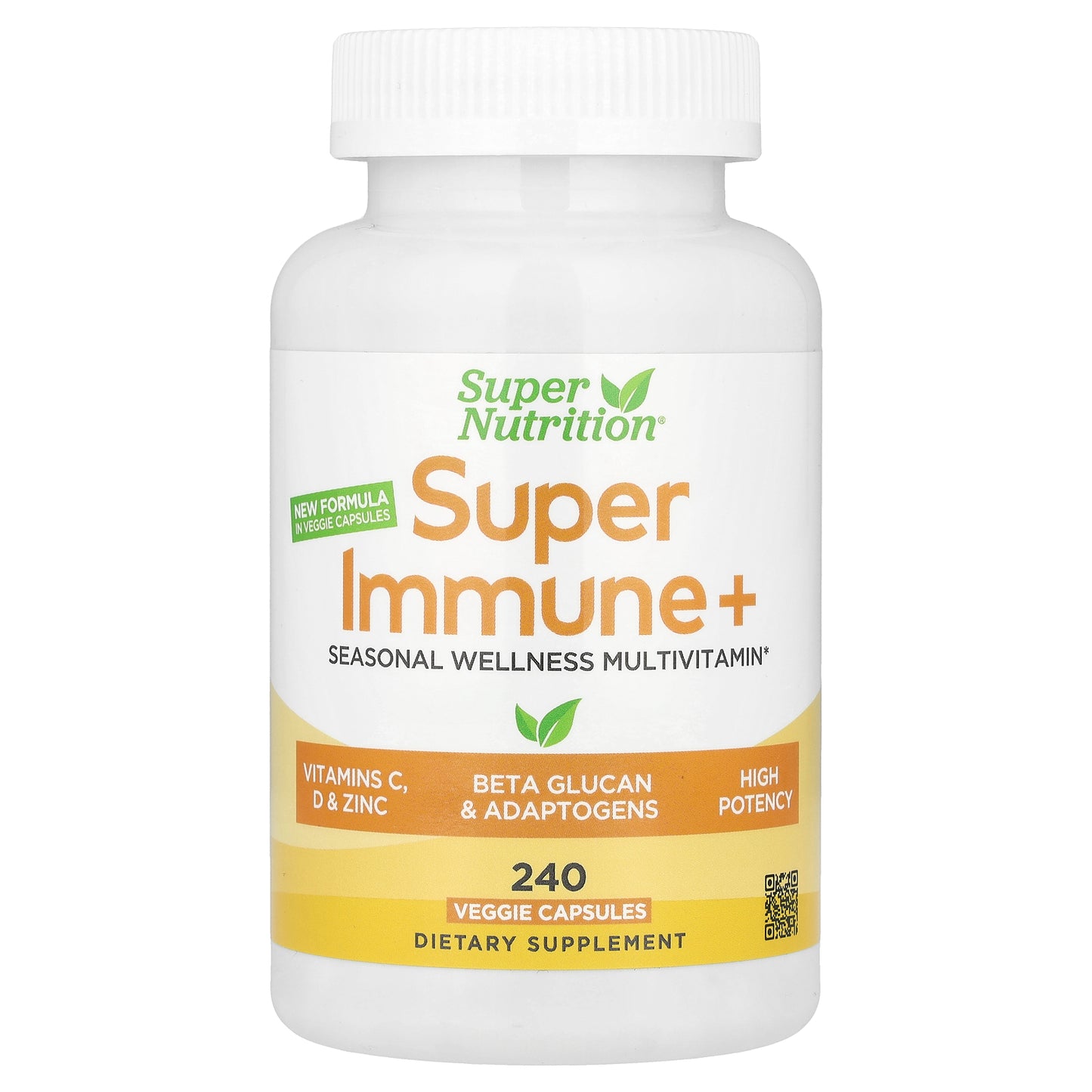 Super Nutrition, Super Immune+ Multivitamin with Super Adaptogens, Vitamin C, Vitamin D, Zinc, and Beta Glucan, 240 Veggie Capsules