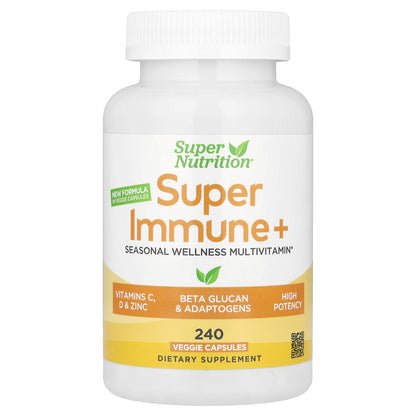 Super Nutrition, Super Immune+ Multivitamin with Super Adaptogens, Vitamin C, Vitamin D, Zinc, and Beta Glucan, 240 Veggie Capsules