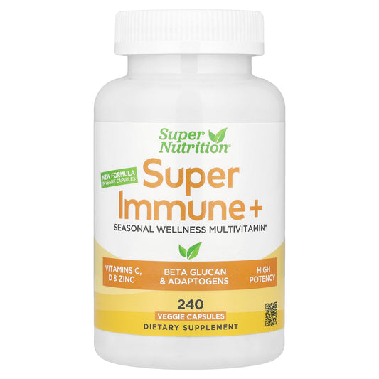 Super Nutrition, Super Immune+ Multivitamin with Super Adaptogens, Vitamin C, Vitamin D, Zinc, and Beta Glucan, 240 Veggie Capsules