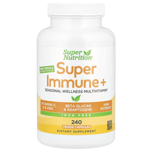 Super Nutrition, Super Immune+ Multivitamin with Vitamin C, Vitamin D, and Beta Glucan, Iron Free, 240 Veggie Capsules