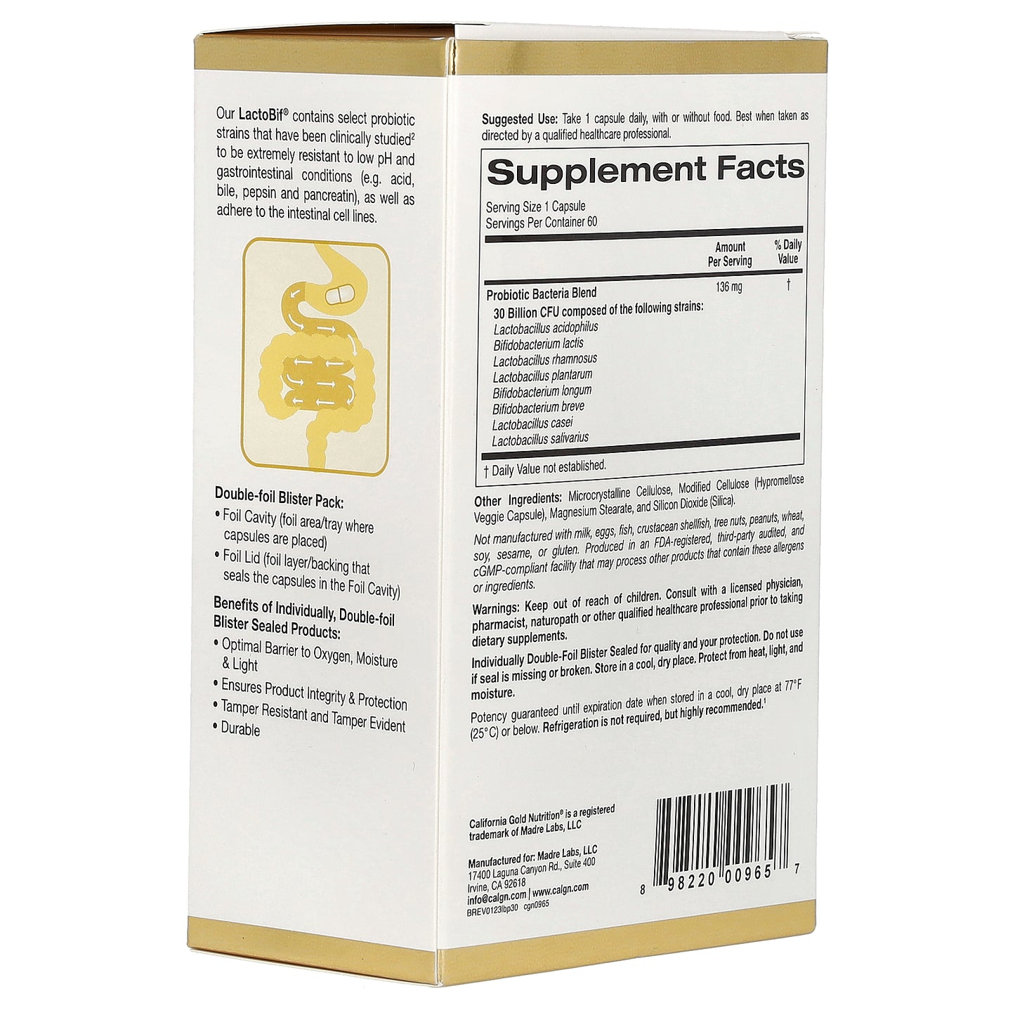 California Gold Nutrition, LactoBif® 30 Probiotics, 30 Billion CFU, 60 Veggie Capsules