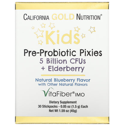 California Gold Nutrition, Kids Pre-Probiotic Pixies, 5 Billion CFUs + Elderberry, Natural Blueberry Flavor, 30 Packets, 0.05 oz (1.5 g) Each
