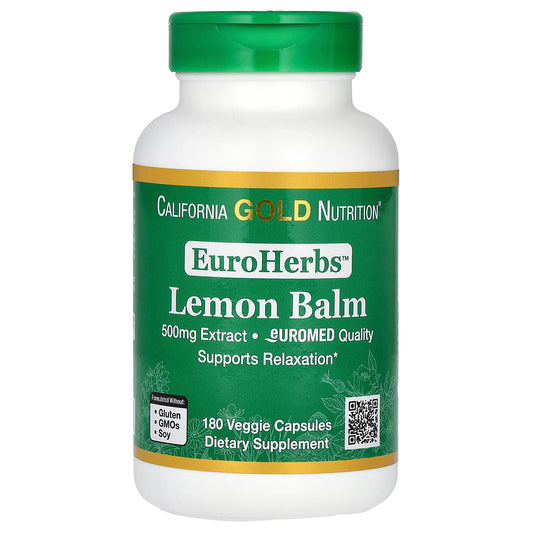 California Gold Nutrition, EuroHerbs, Lemon Balm Extract, European Quality, 500 mg, 180 Veggie Capsules