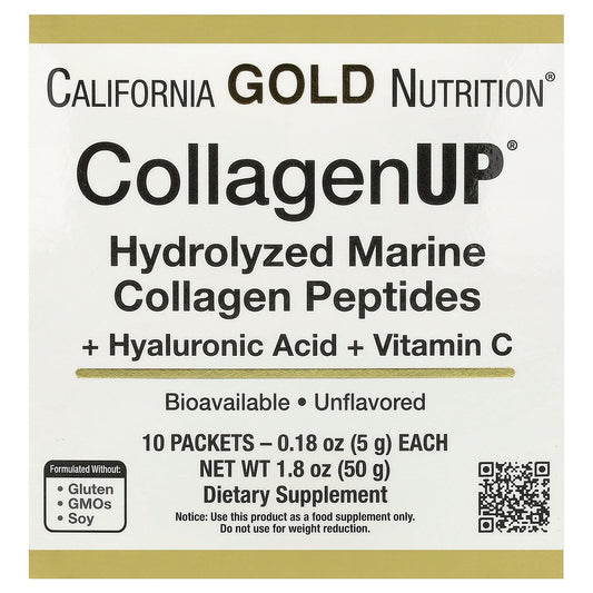 California Gold Nutrition, CollagenUP®, Hydrolyzed Marine Collagen Peptides with Hyaluronic Acid and Vitamin C, Unflavored, 10 Packets, 0.18 oz (5 g) Each