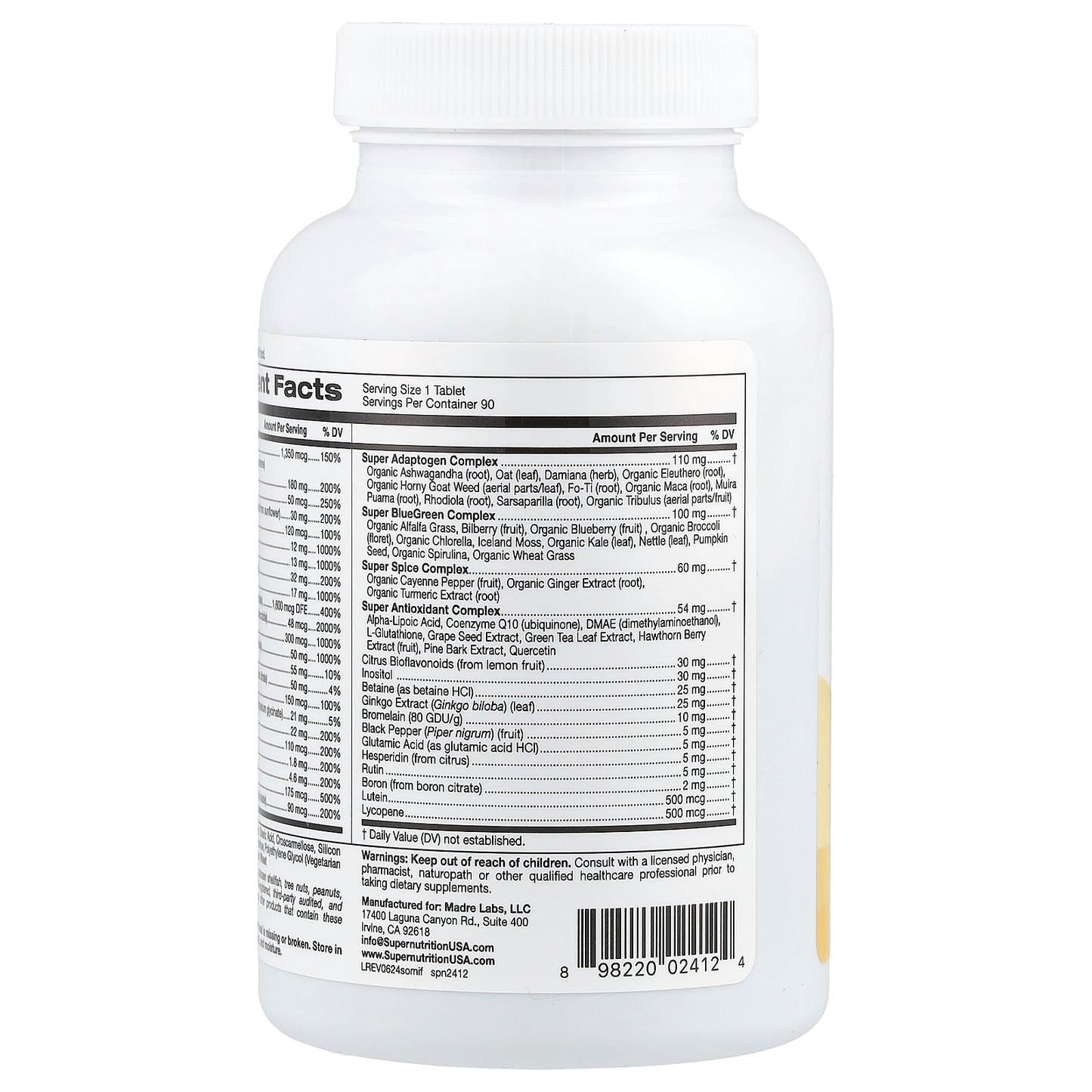Super Nutrition, SimplyOne®, Men's Multivitamin with Super Adaptogen Complex, Greens, Spices, Antioxidant, and Vitamin C, Iron Free, 90 Tablets