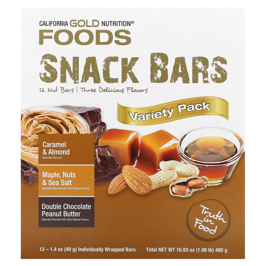California Gold Nutrition, FOODS - Variety Pack Snack Bars (Maple, Caramel, Peanut Butter), 12 Bars, 1.4 oz (40 g) Each