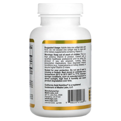 California Gold Nutrition, Vitamin D3, 125 mcg (5,000 IU), 360 Fish Gelatin Softgels
