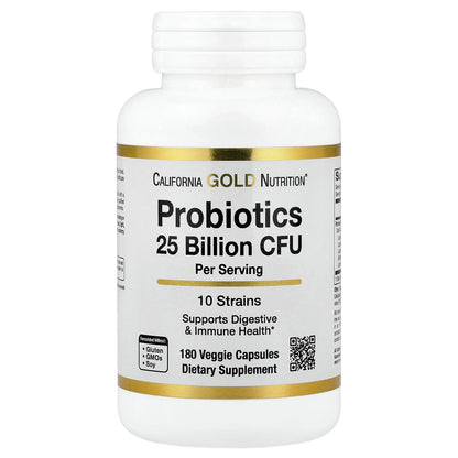 California Gold Nutrition, Probiotics with Lactobacillus acidophilus, Bifidobacterium lactis, Lactobacillus plantarum, and Lactobacillus casei, 10 Strain Blend, 25 Billion CFU, 180 Veggie Capsules