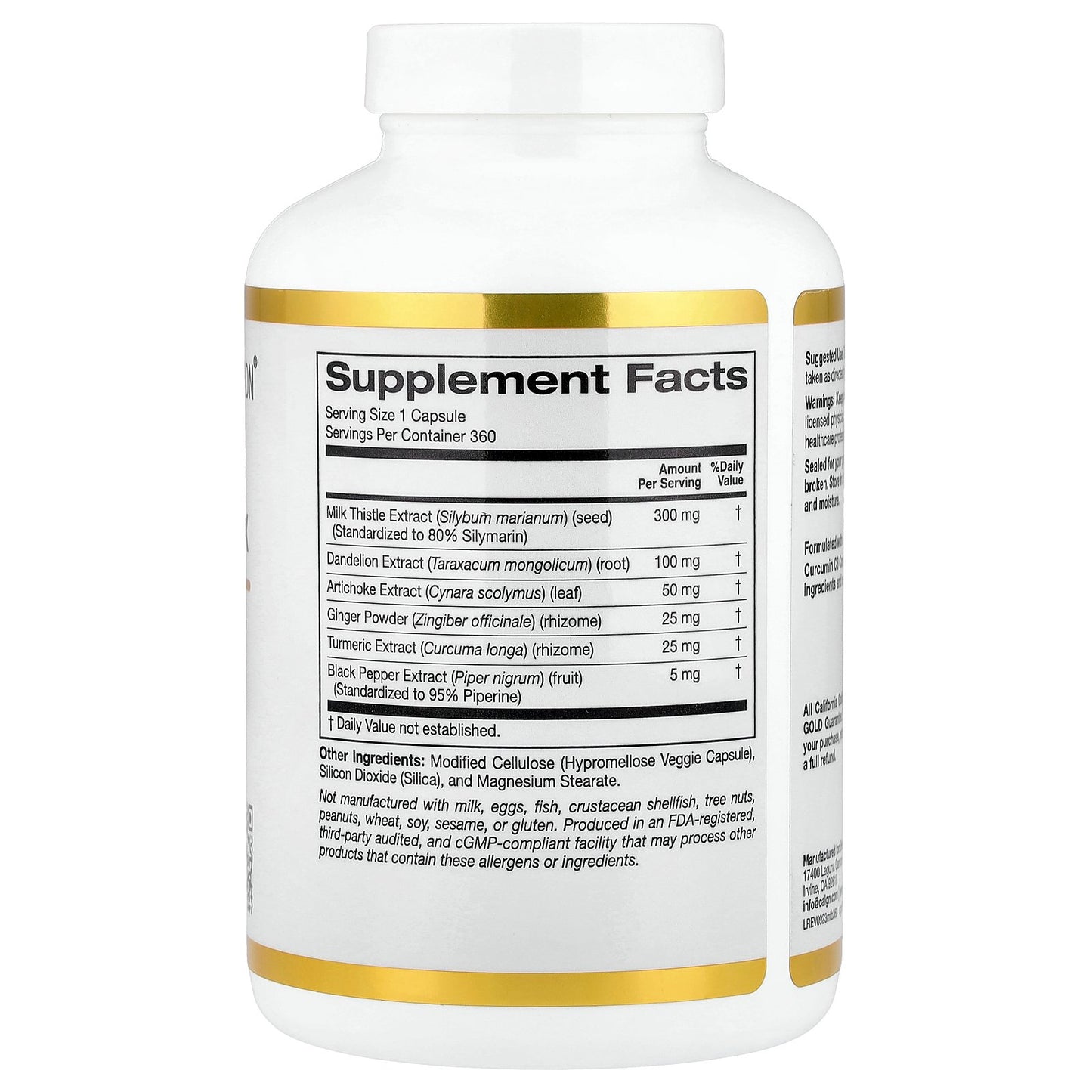 California Gold Nutrition, Silymarin Complex with Milk Thistle Extract Plus Dandelion, Artichoke, Ginger, and BioPerine®, 360 Veggie Capsules
