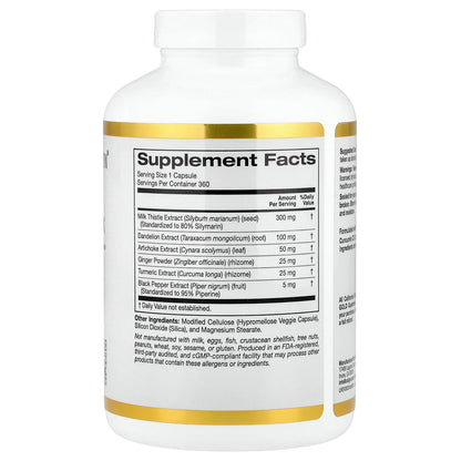 California Gold Nutrition, Silymarin Complex with Milk Thistle Extract Plus Dandelion, Artichoke, Ginger, and BioPerine®, 360 Veggie Capsules