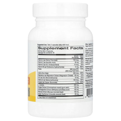 Super Nutrition, Thyroid Support with Guggul, Ashwagandha, Bacopa and Green Tea Extracts, 60 Veggie Capsules