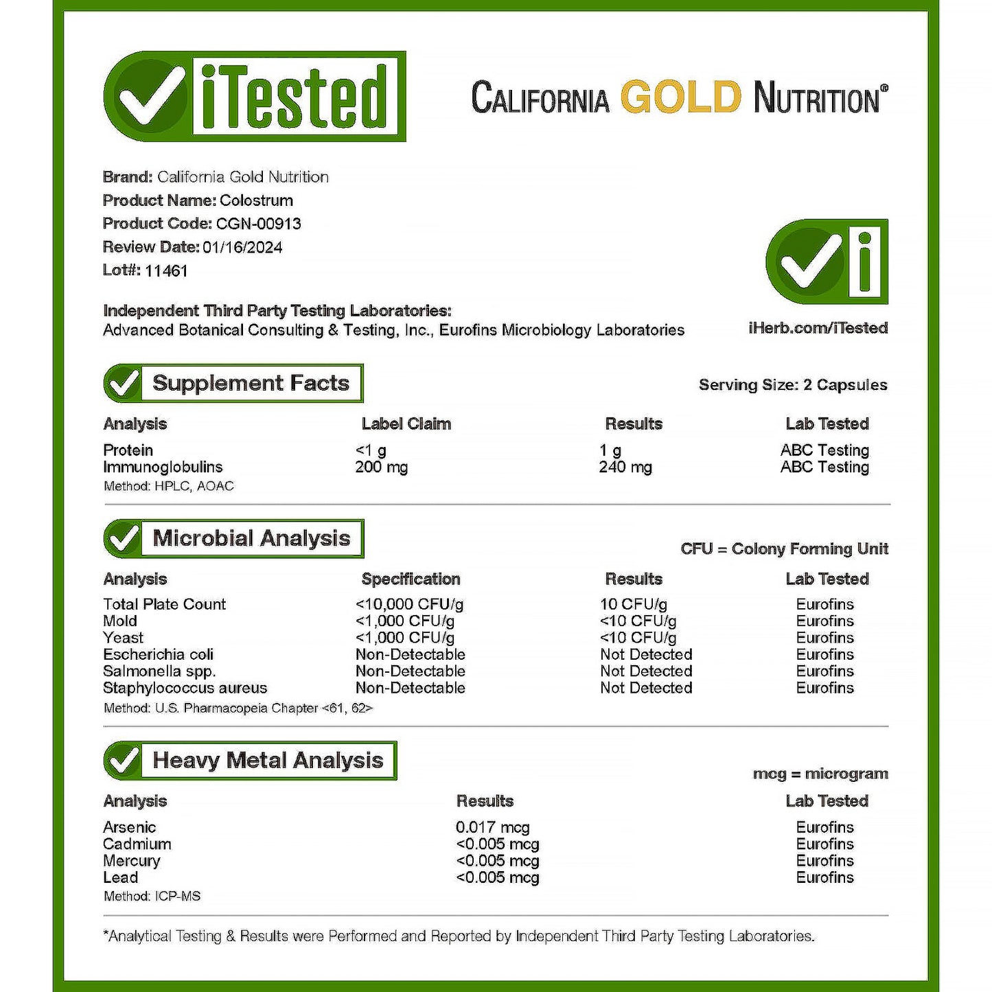 California Gold Nutrition, Colostrum, 240 Veggie Capsules