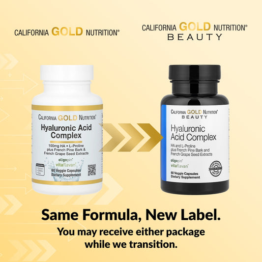 California Gold Nutrition, Hyaluronic Acid Complex with L-Proline, French Grape Seed and French Maritime Pine Bark Extract, 60 Veggie Capsules