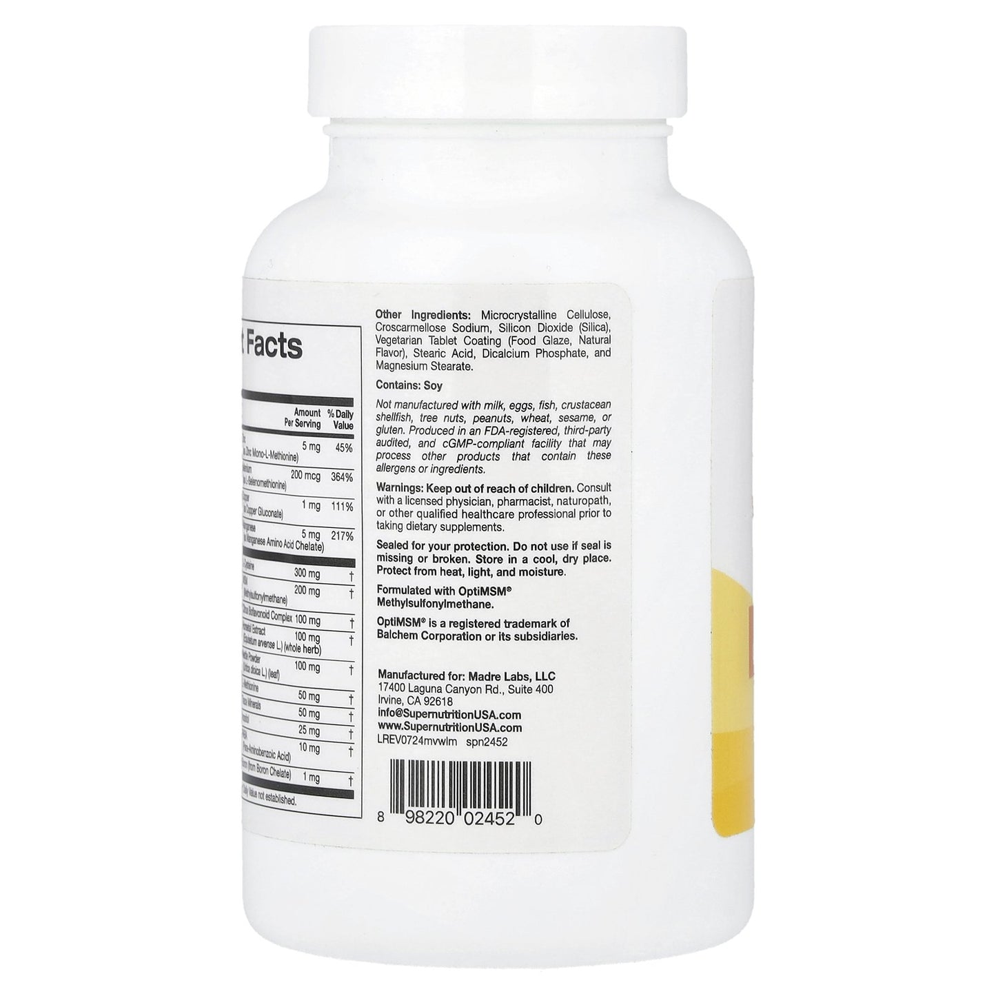 Super Nutrition, Multivitamins with L-Cysteine, MSM, Vitamin A, and Biotin, 180 Tablets