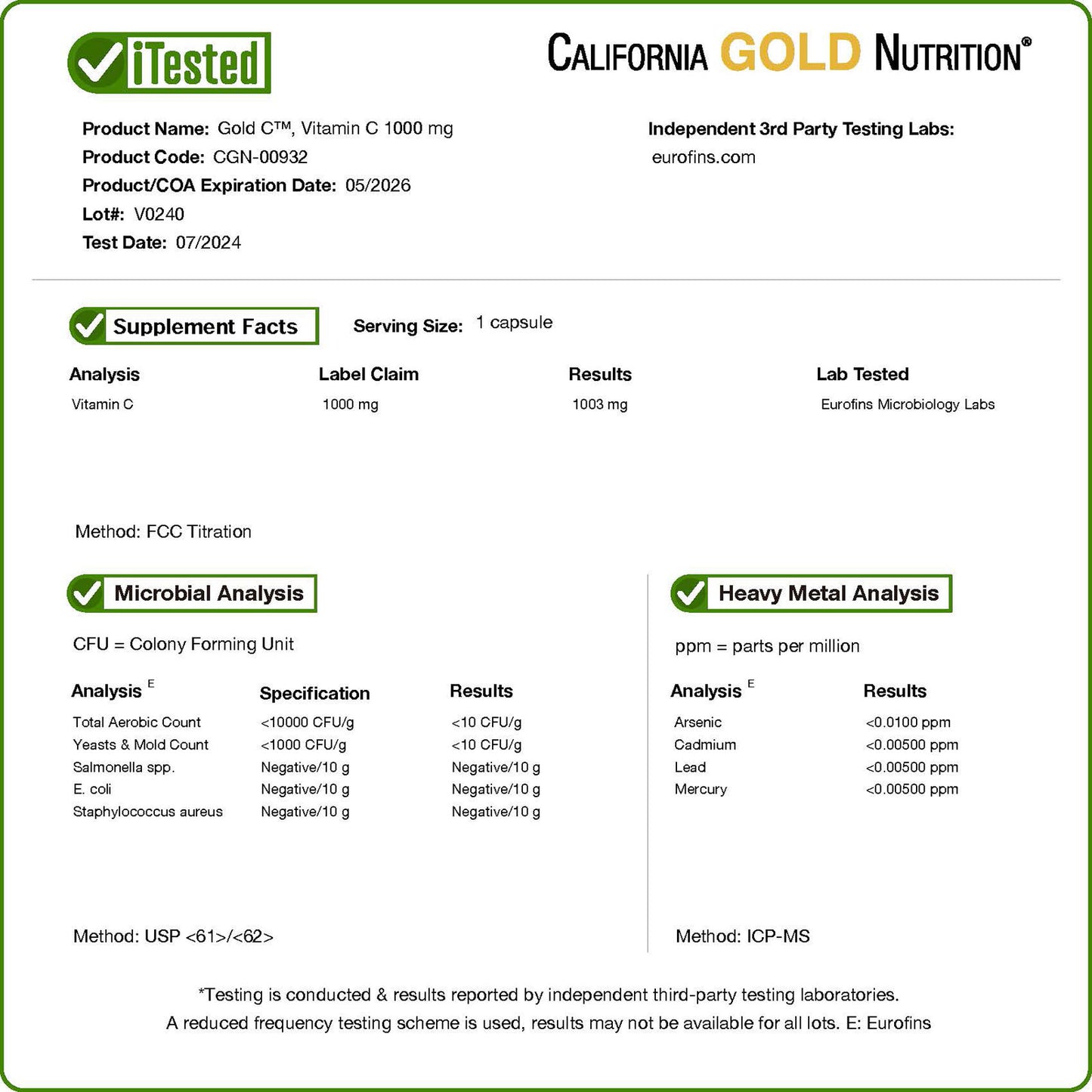 California Gold Nutrition, Gold C®, USP Grade Vitamin C, 1,000 mg, 240 Veggie Capsules