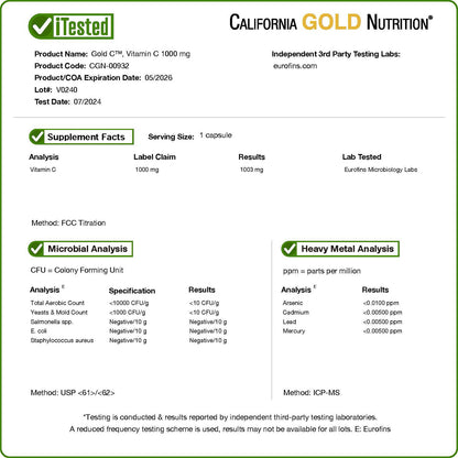 California Gold Nutrition, Gold C®, USP Grade Vitamin C, 1,000 mg, 240 Veggie Capsules