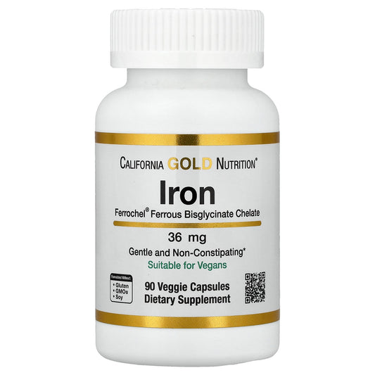 California Gold Nutrition, Ferrochel® Iron (Bisglycinate), 36 mg, 90 Veggie Capsules