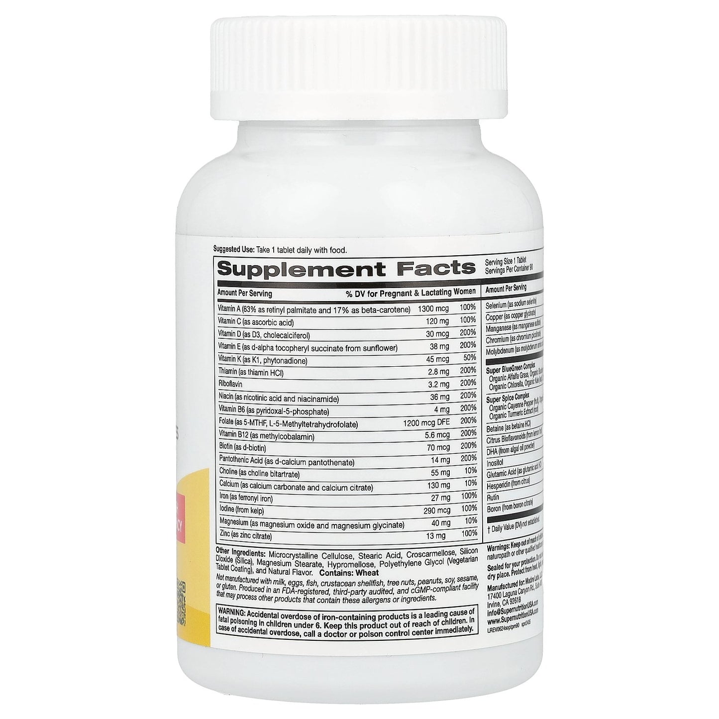 Super Nutrition, Simply One®, Prenatal Multivitamin with Super Greens, Spices, Vitamin A, and Folate, 90 Tablets