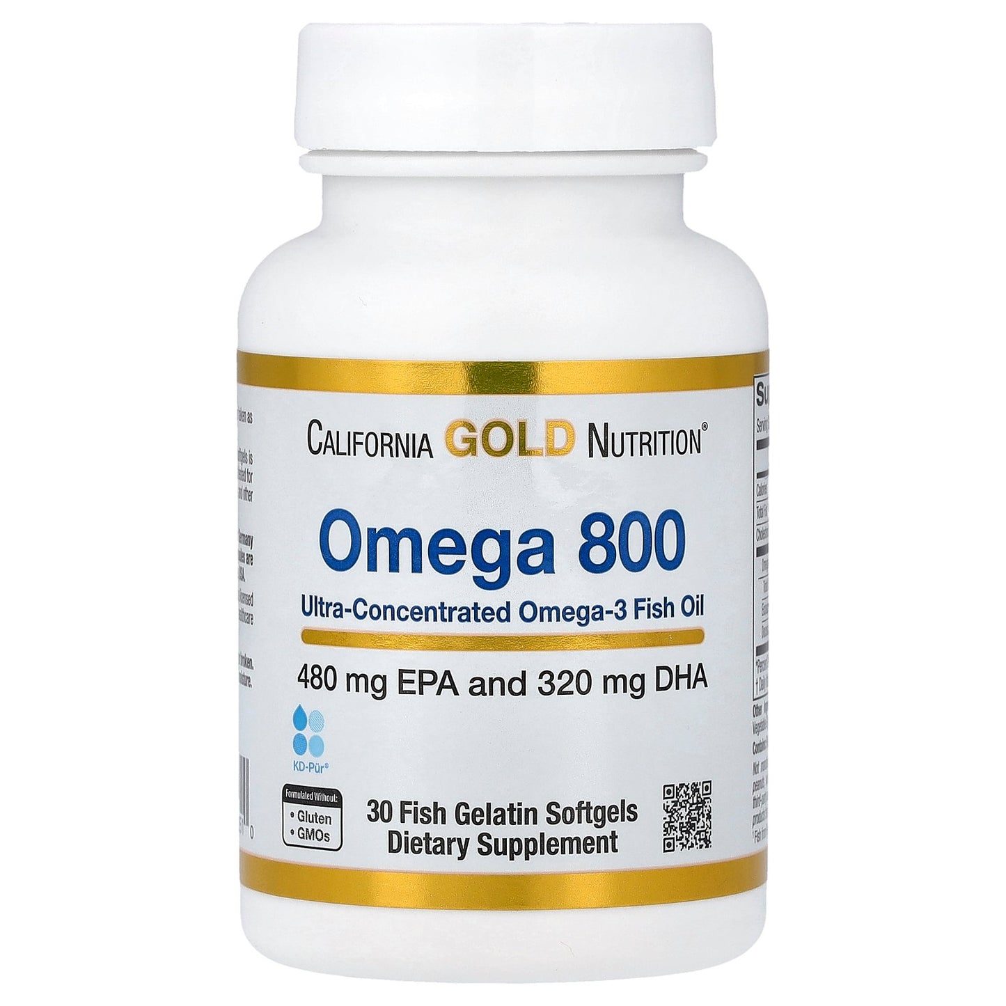 California Gold Nutrition, Omega 800 Ultra-Concentrated Omega-3 Fish Oil, kd-pur® Triglyceride Form, 30 Fish Gelatin Softgels (1,000 mg per Softgel)