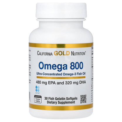 California Gold Nutrition, Omega 800 Ultra-Concentrated Omega-3 Fish Oil, kd-pur® Triglyceride Form, 30 Fish Gelatin Softgels (1,000 mg per Softgel)