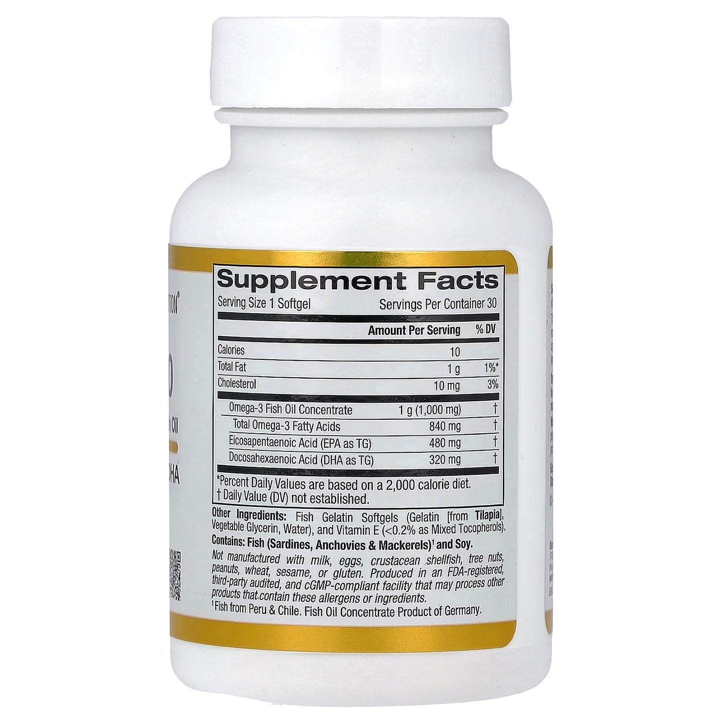 California Gold Nutrition, Omega 800 Ultra-Concentrated Omega-3 Fish Oil, kd-pur® Triglyceride Form, 30 Fish Gelatin Softgels (1,000 mg per Softgel)