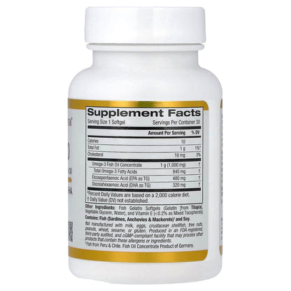 California Gold Nutrition, Omega 800 Ultra-Concentrated Omega-3 Fish Oil, kd-pur® Triglyceride Form, 30 Fish Gelatin Softgels (1,000 mg per Softgel)