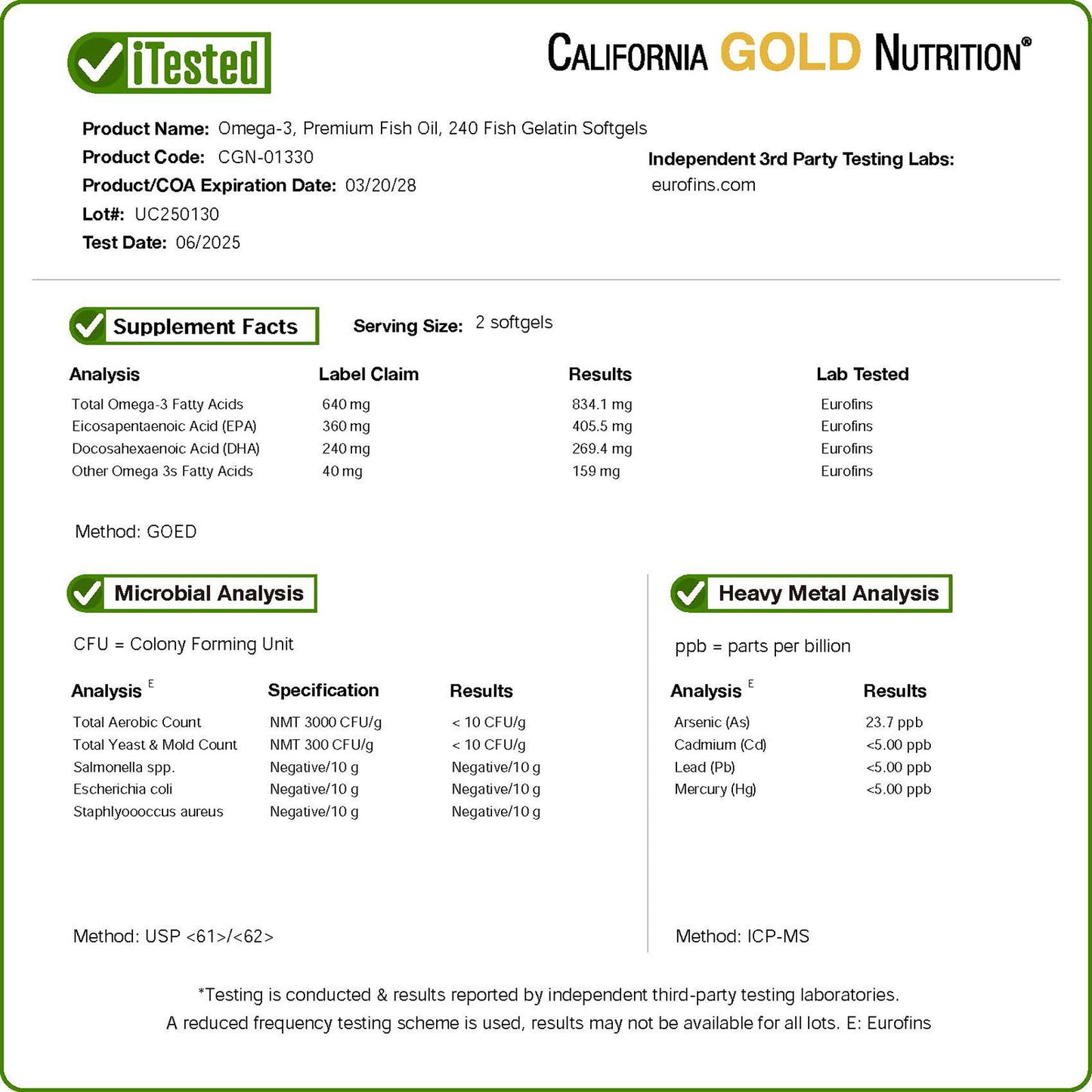 California Gold Nutrition, Omega-3, Premium Fish Oil, 240 Fish Gelatin Softgels
