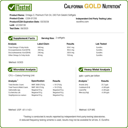 California Gold Nutrition, Omega-3, Premium Fish Oil, 240 Fish Gelatin Softgels