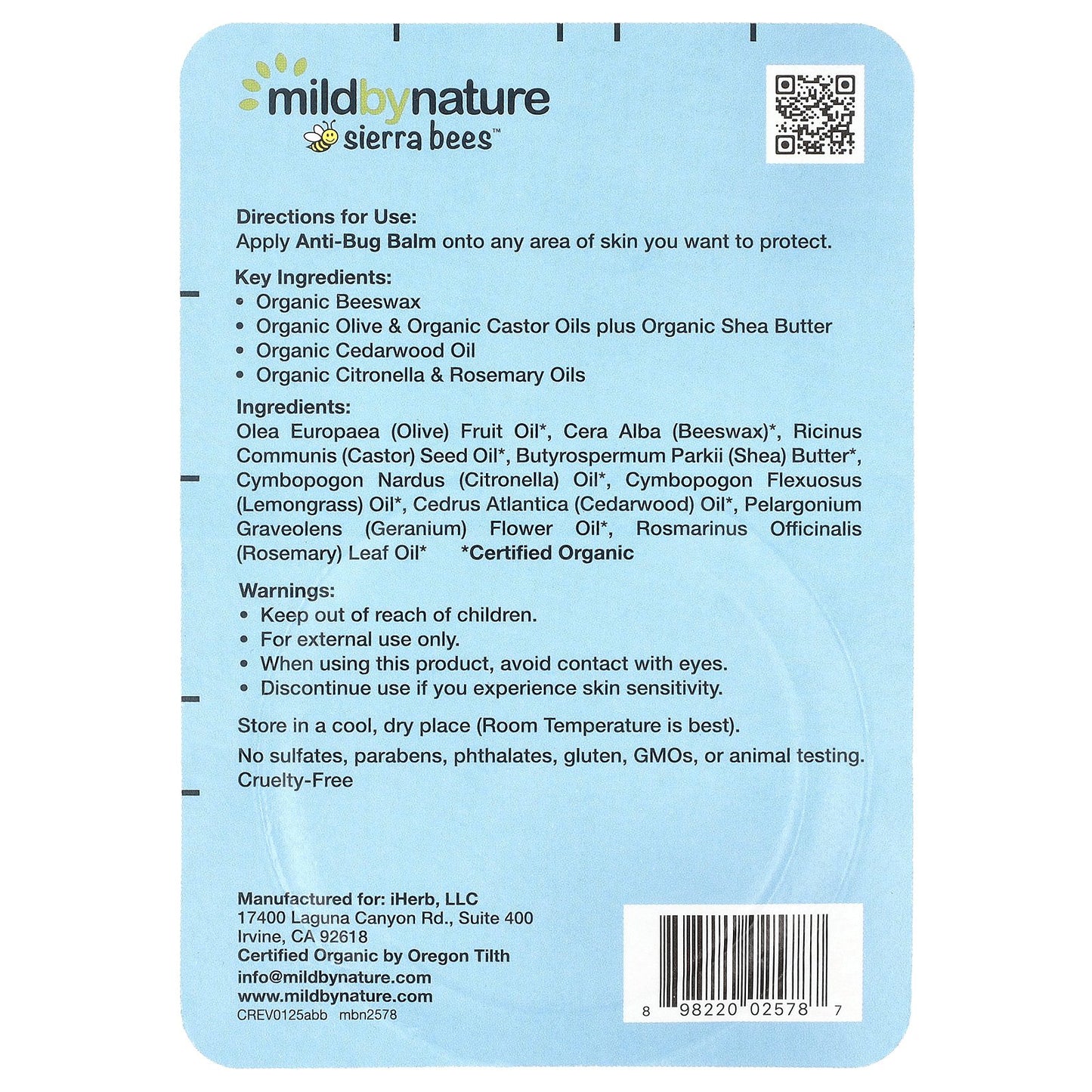 Mild By Nature, Sierra Bees™, Anti-Bug Balm, Cedarwood, Geranium & Rosemary Oil, 0.6 oz (17 g)