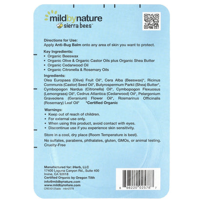 Mild By Nature, Sierra Bees™, Anti-Bug Balm, Cedarwood, Geranium & Rosemary Oil, 0.6 oz (17 g)