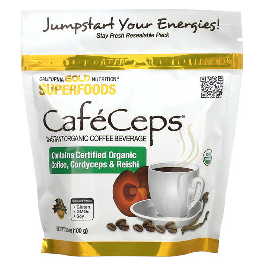 California Gold Nutrition, CafeCeps, Certified Organic Instant Coffee with Cordyceps and Reishi Mushroom Powder, 3.5 oz (100 g)