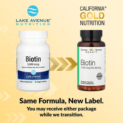 California Gold Nutrition, Biotin, 5,000 mcg, 30 Veggie Capsules